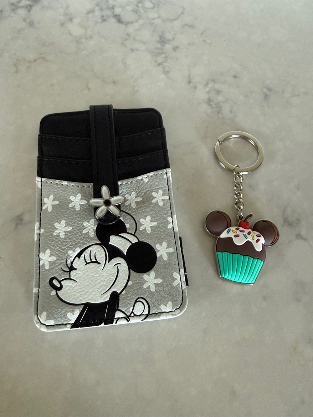 Minnie Mouse Gray & White Card Wallet Case (5x3”) and Cupcake Minnie Keychain